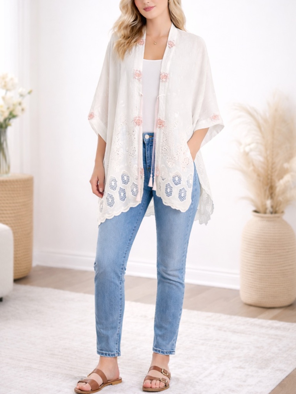 Johnny Was Kahlil Eyelet Kimono Rose Boho Embroidered‎ Eyelet Extra Small
